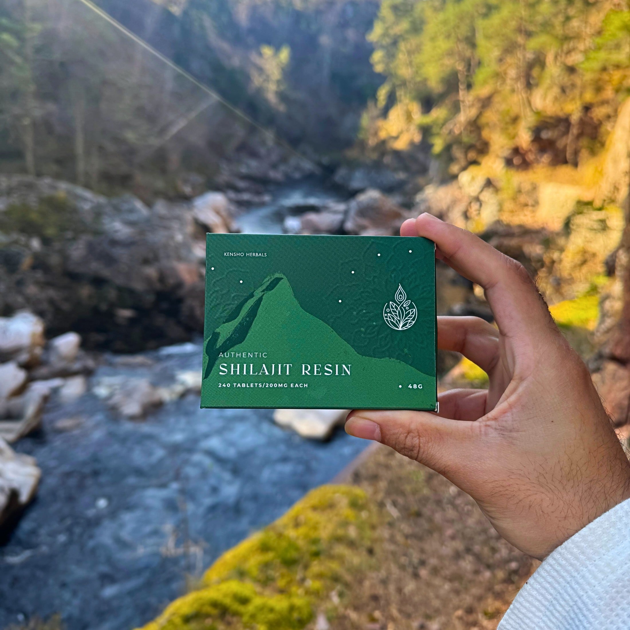 Hand holding a green box labeled 'Shilahit Resin' against a natural landscape background